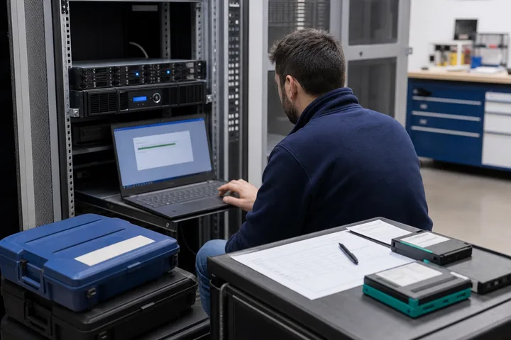 Un tecnico controlla un'operazione di backup su un server