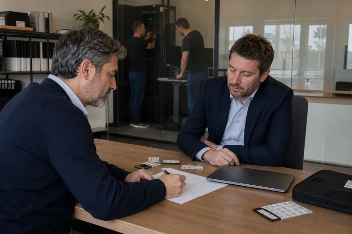 Un consulente e un responsabile pianificano attività IT in ufficio