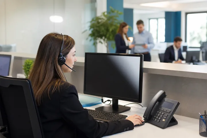 Un'operatrice usa cuffie e telefono IP alla propria postazione